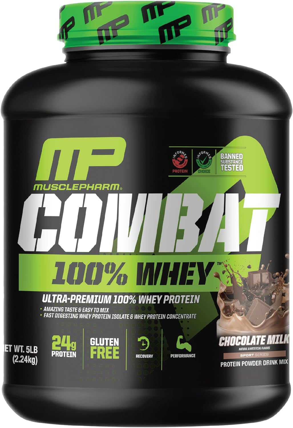 Combat 100% Whey Protein Powder, Chocolate Milk, Fast Recovery & Muscle Gain with Whey Protein Isolate, High Protein Powder for Women & Men, Gluten Free, 5 Lb, 70 Servings