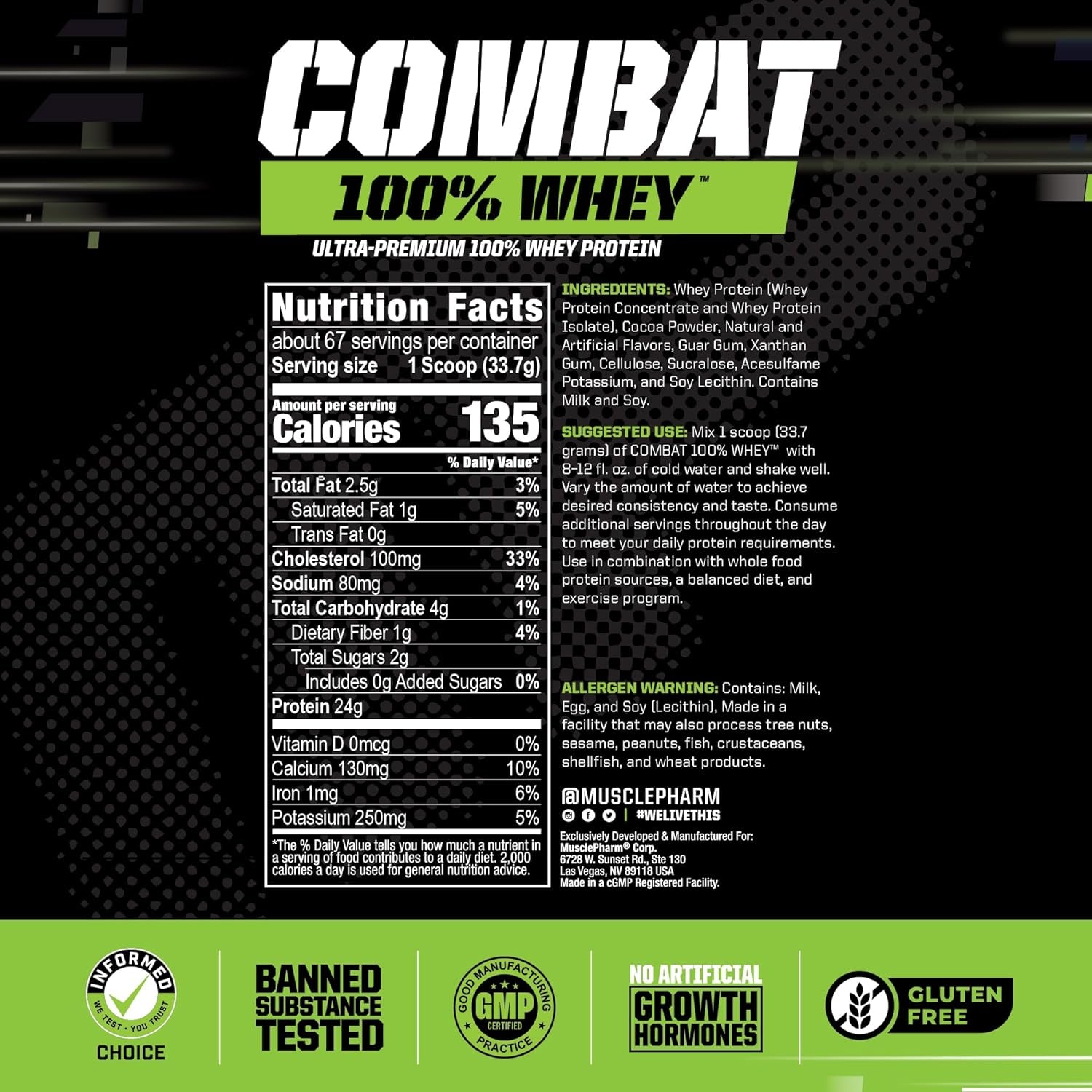 Combat 100% Whey Protein Powder, Chocolate Milk, Fast Recovery & Muscle Gain with Whey Protein Isolate, High Protein Powder for Women & Men, Gluten Free, 5 Lb, 70 Servings